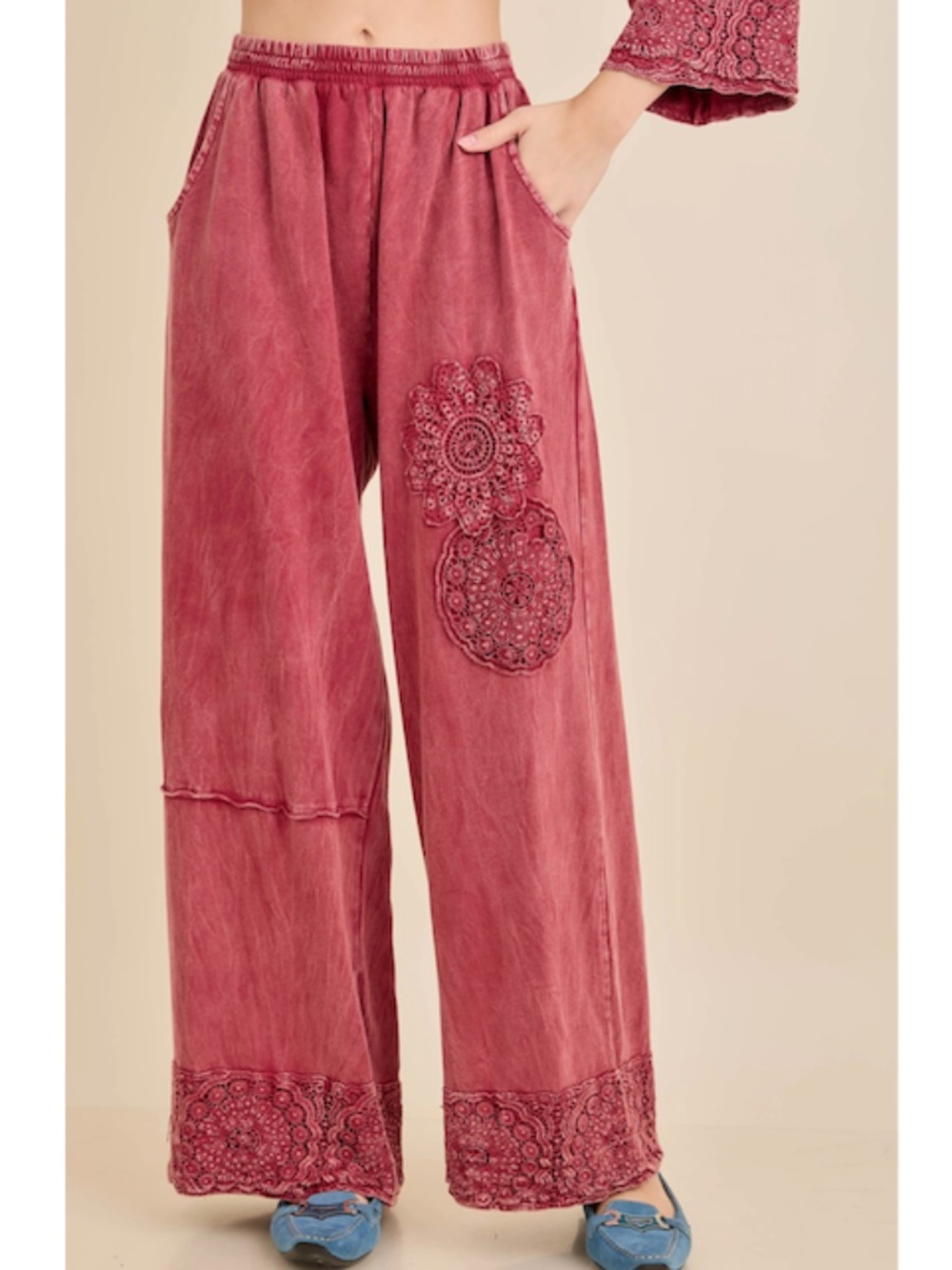 "The Stephanie" PANTS Burgundy Mineral Washed Boho Trim Patched Pants